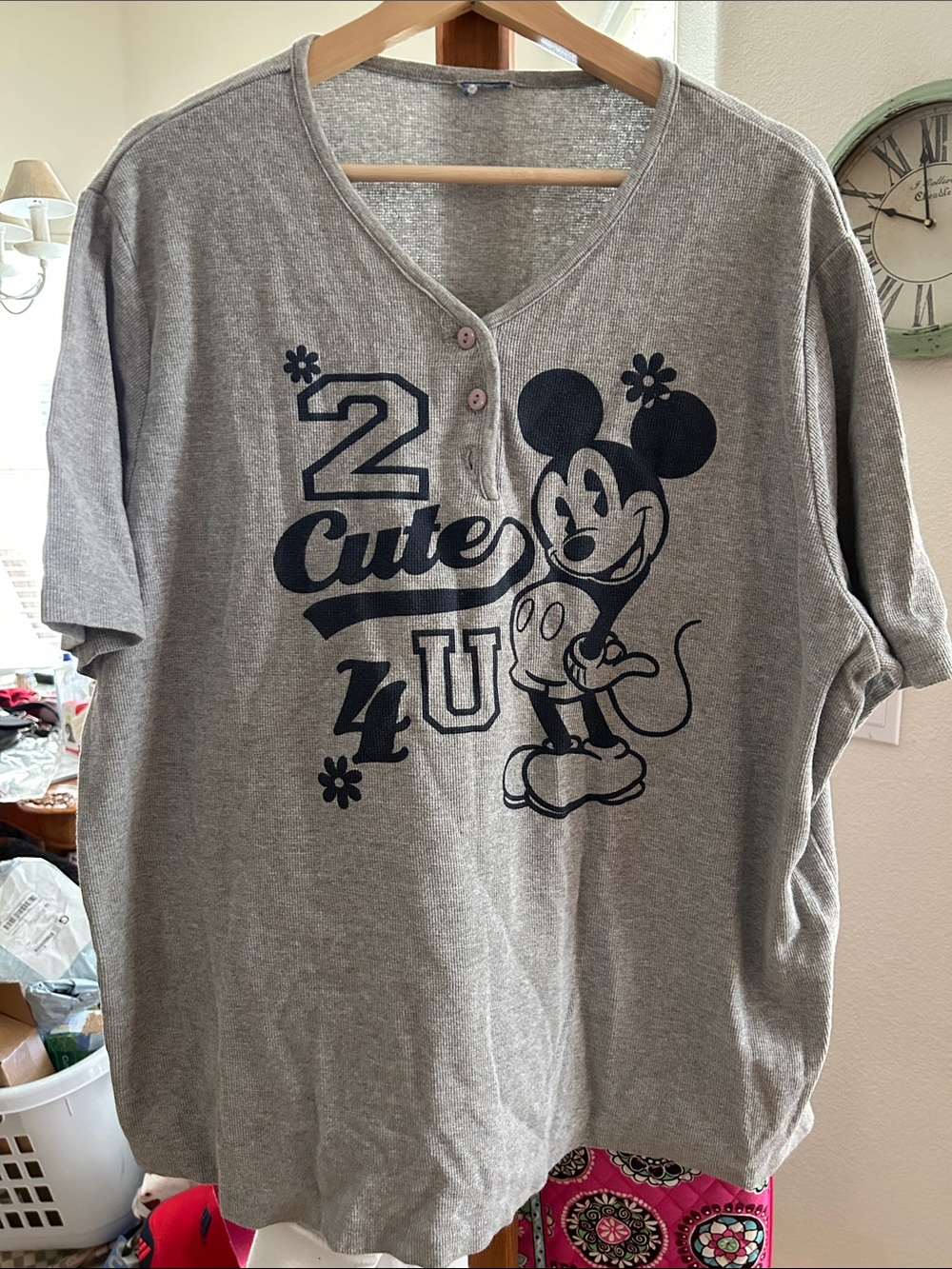 Disney Gray Short-Sleeve Henley with Navy Mickey Graphic